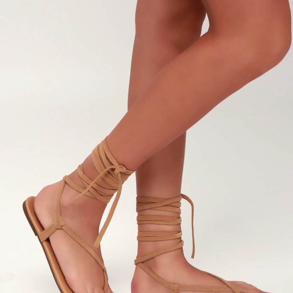 Lulus Taylen Tan Suede Leather Flat Lace-Up Sandal